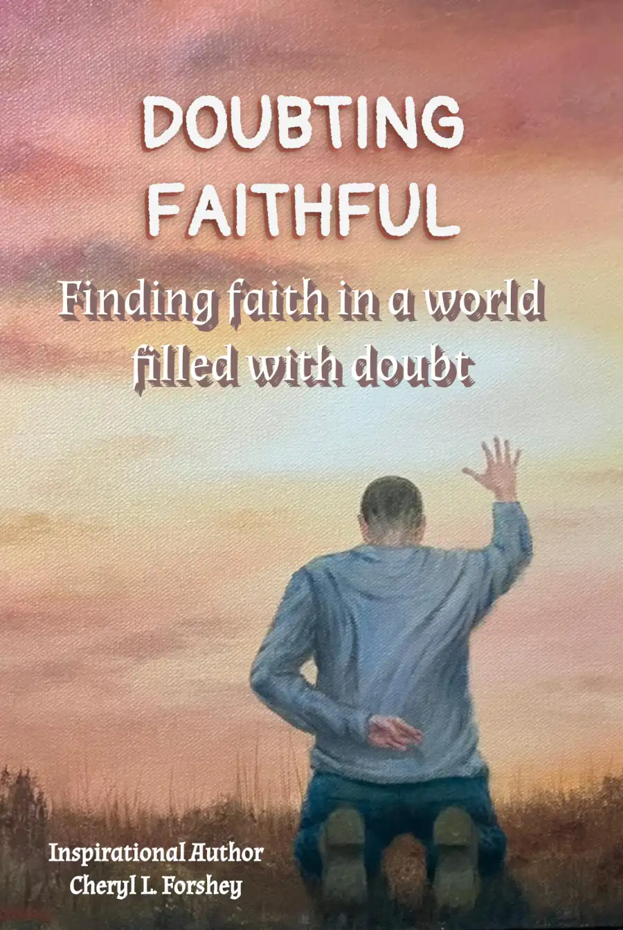 Doubting Faithful book cover. A man knees in front of a bright sky and sun, with one hand raised and the other behind his back with fingers crossed.